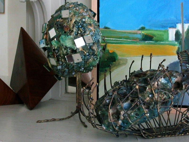 Sculptures by Henry Villierme, mixed media: stone, welded metal, glass, mirror, and paint, circa late 1970s to early 1980s
